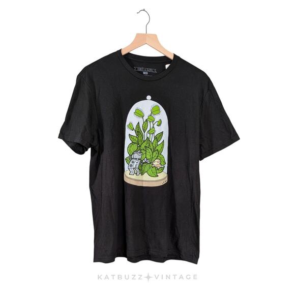 Robot vs Sloth Tshirt Tee Mens M Black Green Venus Fly Trap Plants Botanical - Picture 1 of 7